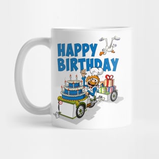 Happy birthday illustration. The cook who delivers the birthday cake. Mug